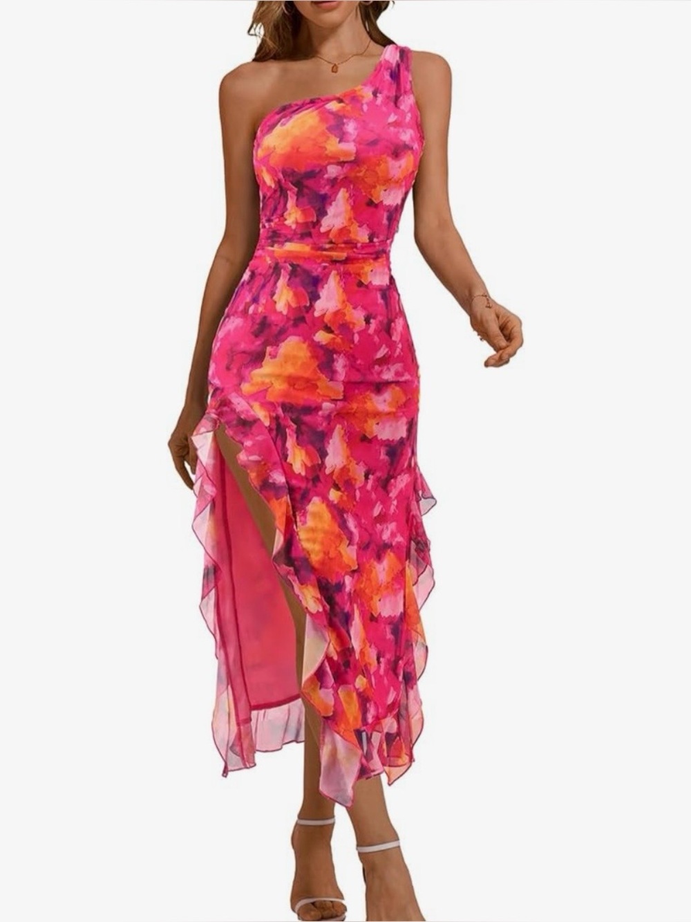 Amazon One-Shoulder Pink and Orange Floral Ruffle Dress